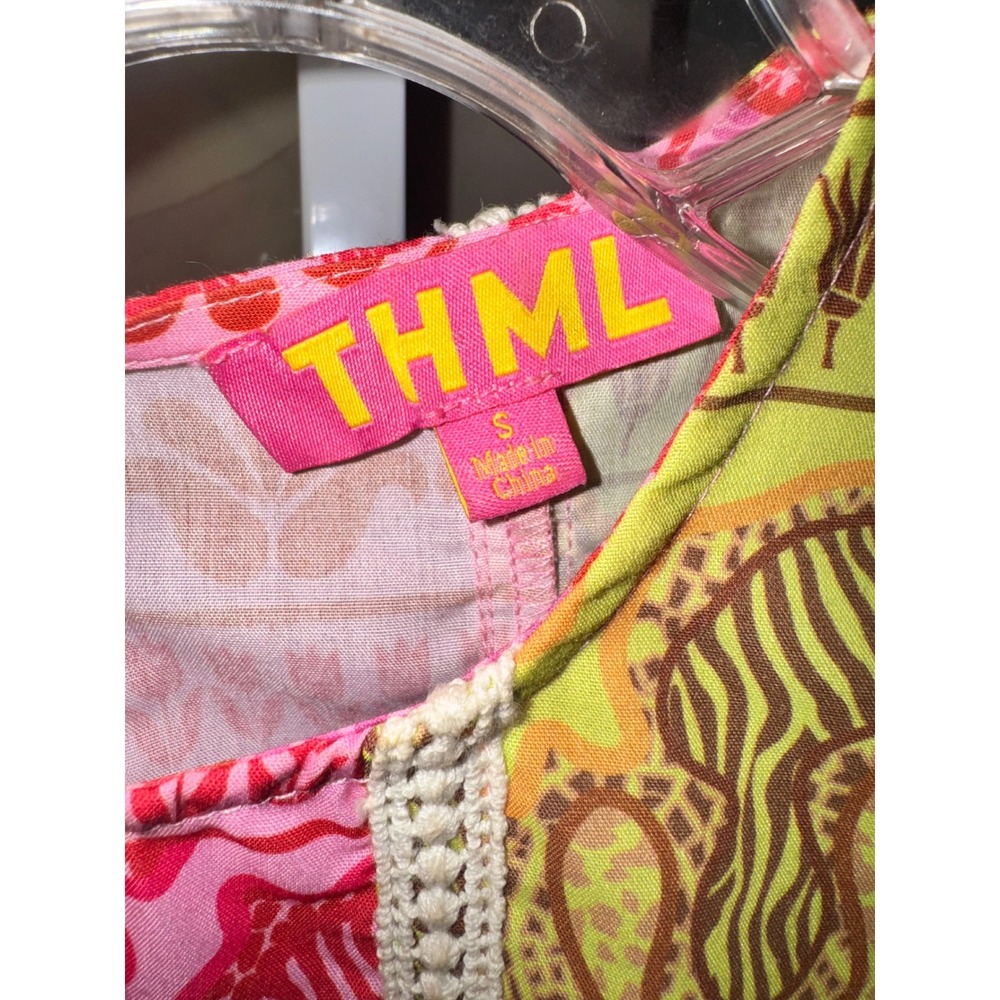 THML Adeline Animal Print Top Pink Yellow Tiger Floral Puff Sleeve Blouse S - Picture 3 of 6